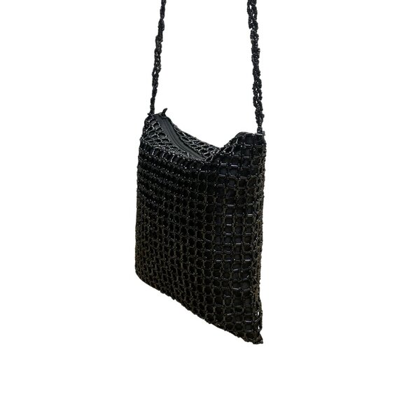 Handmade Women’s Black Beaded Squared Woven Pattern Long Strap Crossbody Bag - Picture 5 of 11